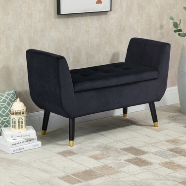 HOMCOM Luxury Bench with Storage & Armrests, Velvet Polyester, Rubber Wood, Black, 107x42x65cm for Living Room & Entryway