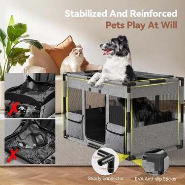 Pawaboo Забіг для цуценят Extra Large, портативний вольєр для тварин, переноска для собак та котів, вольєр для собак, посилений каркас з ПВХ, великий, L-91×61×61CM (M-81x61x61CM, чорний/сірий)