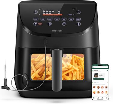 Аерофритюрниця Chefree з віконцем, 6.5 л, 8-в-1, 6-7 порцій, з термощупом, таймером, антипригарна, для посудомийки, чорна, AF500