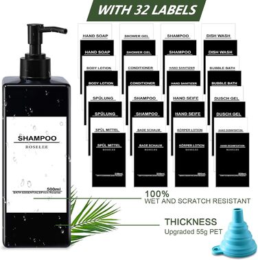 Набір дозаторів для мила Roselee (4 шт.), 500 мл, чорний. Дозатори для душу, шампуню, мила. Пластикові дозатори з воронкою та вологостійкими етикетками для кухні, ванної кімнати.