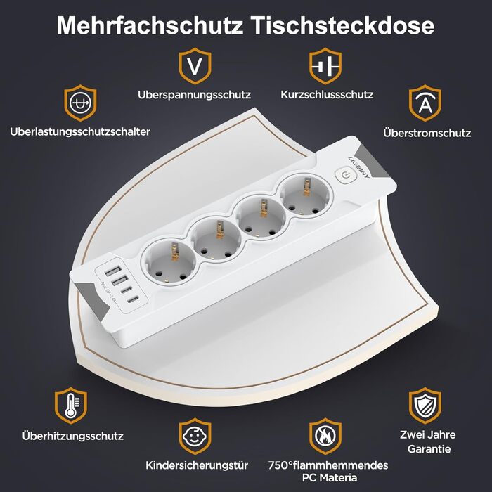 Вбудована розетка з 2 USB-C та 4 розетками, 3680W, 16A, білий кабель 2м. Розподільник розеток для конференц-столу, дивану