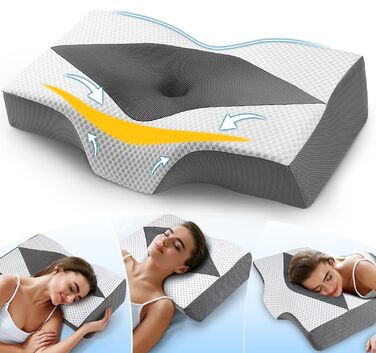 Подушка для шиї та плечей Hydomi з піною з пам'яті, ортопедична подушка для сну, регульована ергономічна подушка для сну на боці, спині та животі - порожниста конструкція, сірий та білий колір