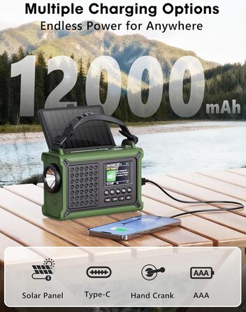 ROCAM Портативне радіо DAB+ з Bluetooth, 12000mAh, радіо з ручкою, сонячна панель 8500мм², 650mA, DAB/UKW, 2.4' дисплей, 80 станцій, LED ліхтарик, USB, SOS, IPX6, для надзвичайних ситуацій, зелене