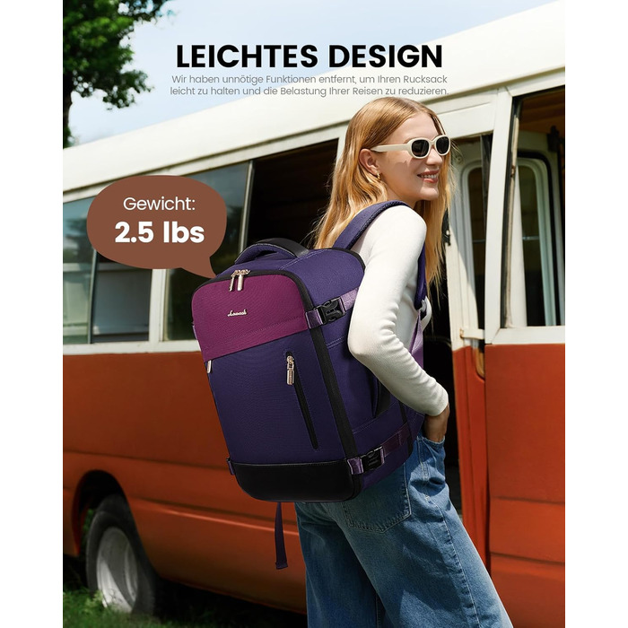 LOVEVOOK Рюкзак ручної поклажі 40L, 17.3 дюйми, великий, для жінок та чоловіків, розширюваний, рюкзак для подорожей, Travel Backpack, Cabin Bag, 40x30x20cm, (Синьо-фіолетовий + фіолетовий + чорний)