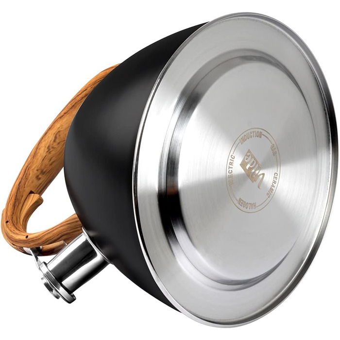 Чайник VILDE 3L з індукційною плитою, нержавіюча сталь, матовий чорний, з імітацією дерев'яної ручки. Підходить для сучасних та традиційних кухонь. Підходить для всіх типів плит, включаючи індукційні.