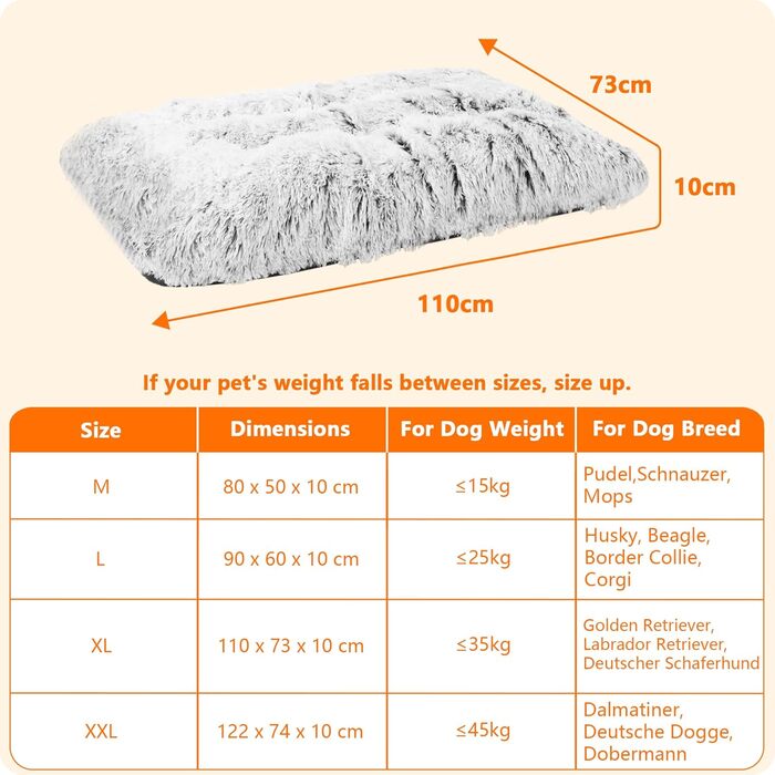 Dog bed, Fluffy dog mats, Longer plush dog cushions, Washable, non-slip bottom, 110 cm for medium and large dogs, light grey