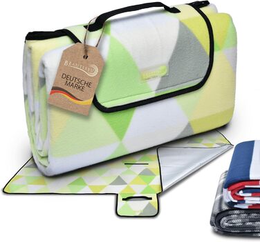 Beautissu XXL Плед для пікніка, водовідштовхувальний, ізольований, 200x200 см, сірий/зелений. Підходить для пляжу, кемпінгу, відпочинку на природі.