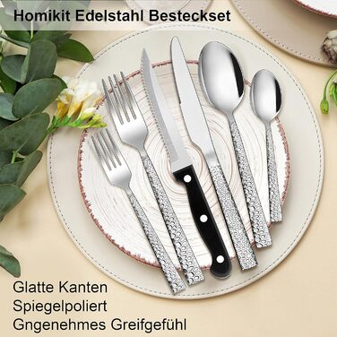 Homikit Cutlery Set, 36-Piece Cutlery Set with Steak Knives, Stainless Steel Polished Eating Cutlery for 6 People with Spoon, Knife, Fork, Hammered Flatware, Rust-Proof & Dishwasher Safe