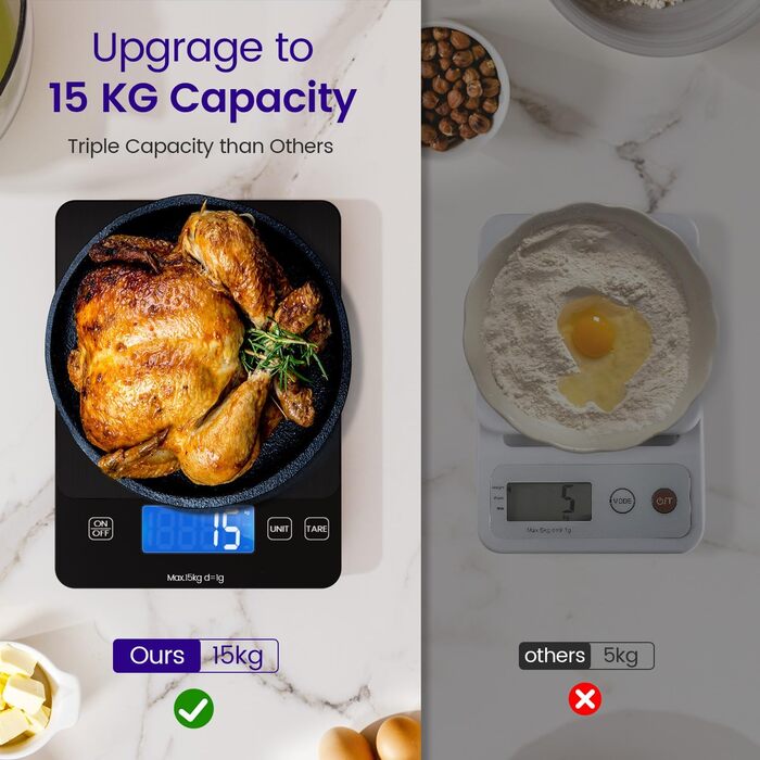 Електронна кухонна вага, 15 кг, висока точність 1 г/0.1 унції, професійна, з батарейками, чорний колір