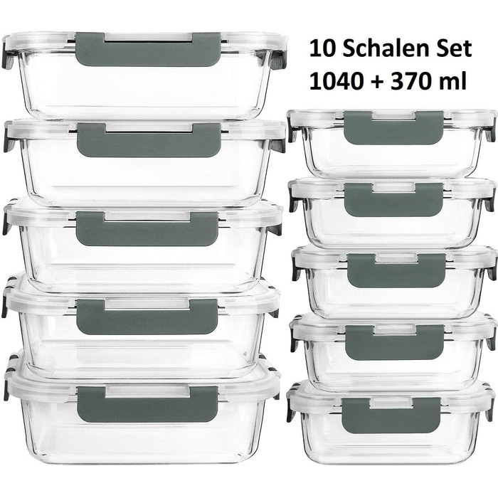 Набір контейнерів для зберігання Visario Glas 20 шт (10 скляних банок + 10 кришок) 1040 мл + 370 мл | Жароміцне боросилікатне скло | Герметичні, не протікають | Без BPA | Підходять для мікрохвильовки, духовки та посудомийної машини