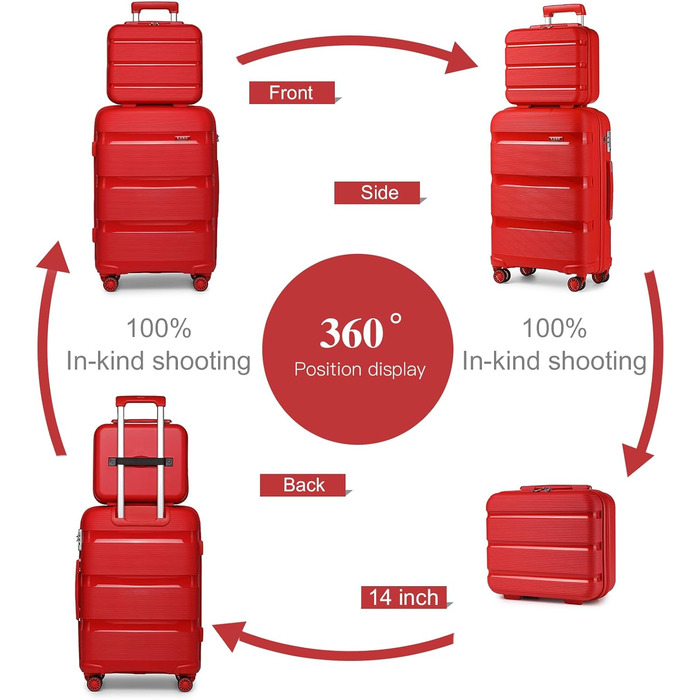 Валіза на 4 колесах, міцна та легка, з TSA-замком та YKK-блискавкою, тихі колеса, ручна поклажа з косметичною сумкою (Червоний)
