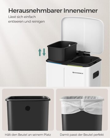 SONGMICS Відро для сміття 40 л з 2 відсіками (2 x 20 л), з педаллю, з металу, з пластиковим внутрішнім відром, з кришкою та ручками, Softclose, герметичне, біле LTB40WT