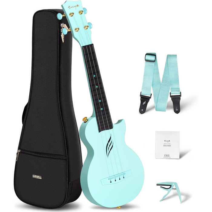 Укулеле Enya Ukulele-Sopran NOVA U Mini 21 дюйм - блакитне укулеле з карбону, професійне для початківців, дорослих та дітей. Комплект з чохлом, ремінком, каподастром та струнами. Чудовий подарунок та для подорожей.