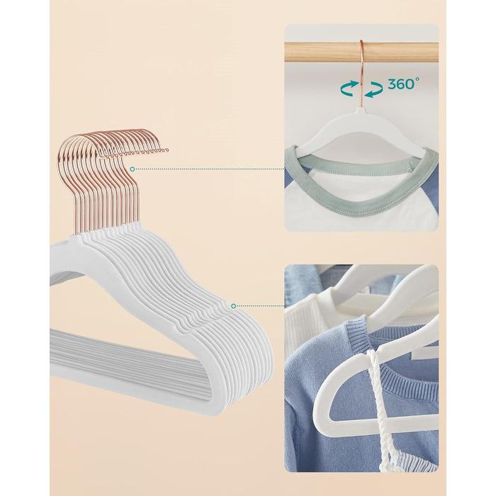 SONGMICS Набір вішалок для дитячого одягу, 50 шт., для дітей, неслизькі, обертаються на 360°, рожеве золото, для шафи, білий, CRF027W01