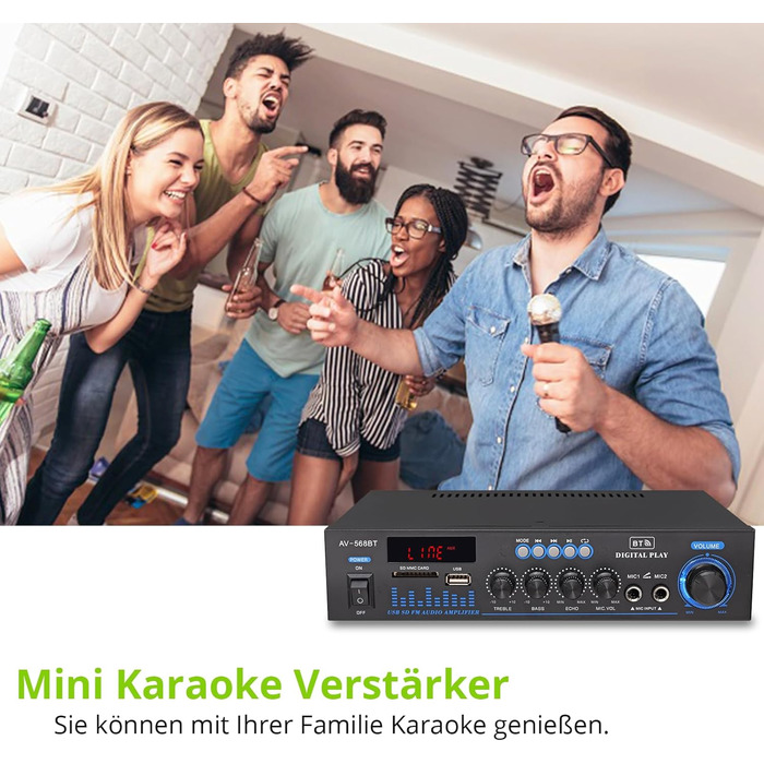 LiNKFOR стерео підсилювач Bluetooth для дому та авто з FM-радіо, USB/SD/MP3, LED-дисплей, HiFi аудіо, 29.5×23×10 см