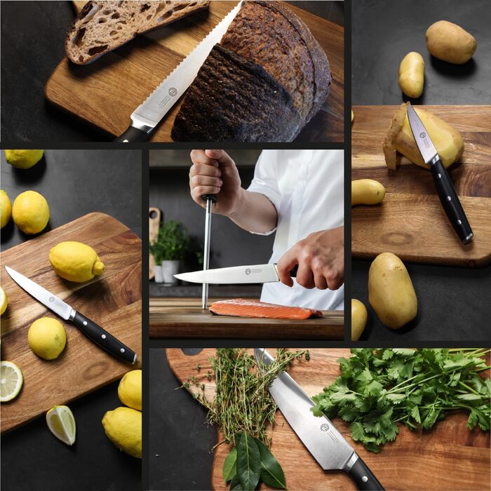 Набір кухонних ножів MasterChef з сумкою, 5 предметів: шеф-ніж, сантоку, овочевий, для чищення та нарізки, нержавіюча сталь з високим вмістом вуглецю