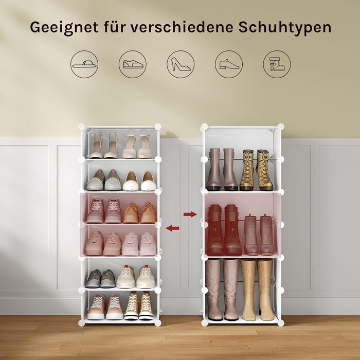 WOLTU Shoe Box, Shoe Storage, Set of 10, Stackable Design, for 20 Pairs, with Door, Hooks, 40x30x170 cm, White