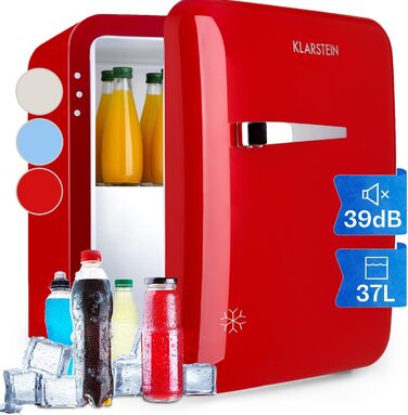 Klarstein Mini Kühlschrank з морозильною камерою 37л: компактний холодильник для напоїв та косметики, ретро-дизайн, тихий, для кімнати, 2в1, червоний, енергоклас E
