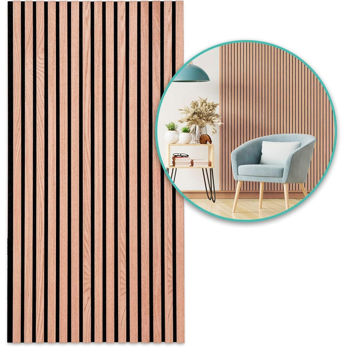 Акустичні настінні панелі KARAT з натурального шпону червоного дуба (Red Oak), ламелі з дерева та фетру для шумоізоляції та звукопоглинання, 118 x 60 см