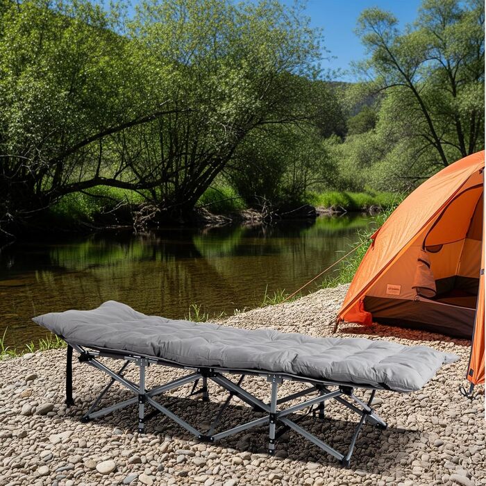 Ліжко складане кемпінгове LEADZM з матрацом, сталевий каркас 190x71x36 см, сіре - для дому, природи, подорожей