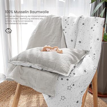 Набір постільної білизни для дитячого ліжечка Lulumoon з мусліну 100x135 см: простирадло 100x135 см + наволочка 40x60 см з бавовни Oeko-TEX Standard – легка та комфортна постільна білизна для малюків. Теплий сірий колір, зірки, 100x135 см + 40x60 см