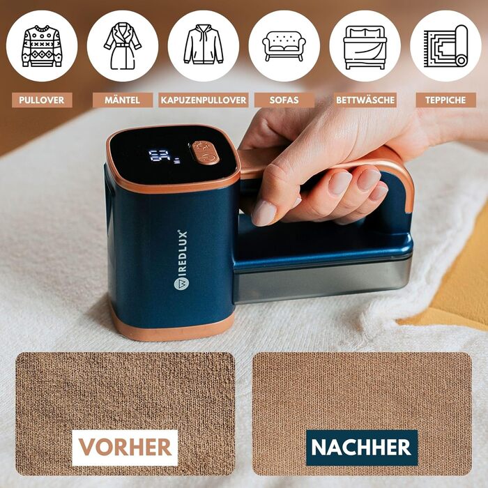 Електричний машинка для видалення катишків WiredLux для одягу та меблів, LED-підсвітка, 3 швидкості, 6-лезова, USB-зарядка, графітово-сірий/мідний, кобальтово-синій/мідний