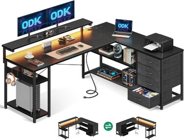 Письмовий стіл ODK з шухлядами, кутовий, реверсивний, з LED-підсвіткою, 2 розетками та 2 USB, для домашнього офісу, чорний, 155×110 см