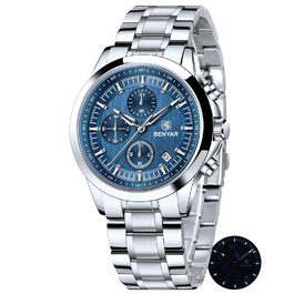 Годинник чоловічий Benyar Chronograph Аналоговий кварц Водостійкий зі світлодіодною стрілкою та датою. Стильний годинник для бізнесу та повсякденного носіння (сталь, блакитний)