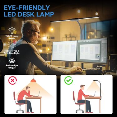 LED настільна лампа Rigors 60 см з регулюванням яскравості, 900 лм, денне світло, захист очей, 5 кольорів, 10 рівнів яскравості, гнучкий 360° шийка, з мережевим адаптером, чорний