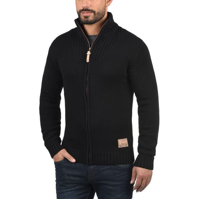 Чоловічий кардиган SDPoul з грубої в'язки, з начосом, з коміром-стійкою, з бавовняної суміші, Regular fit, чорний (9000)