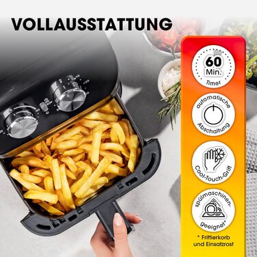 Gourmetmaxx Hot Air Fryer 4 L | Air Fryer with Timer Function & Stainless Steel Heating Element | Practical Preheating & Keep Warm Function | Low Odor, Energy-Saving & Virtually Oil-Free | 1400 W Matte Black 4 Liters
