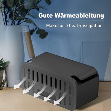 Многорозеткова смуга з кабельною коробкою, захист від перенапруги, 5 розеток, 3 USB, органайзер для столу, 29.5 x 14 x 14 см, кабель 2 м (5 м, чорний)