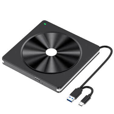 Зовнішній DVD/CD привід USB 3.0 та USB-C, DVD-записувач для ноутбука, ПК, Mac OS, Windows, Linux (Білий)