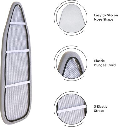 Глянцевий силіконовий чохол для прасувальної дошки Encasa XO, 135x45 см, з товстим шаром піни та фетру, стійкий до нагару та плям, XL сріблястий, люкс