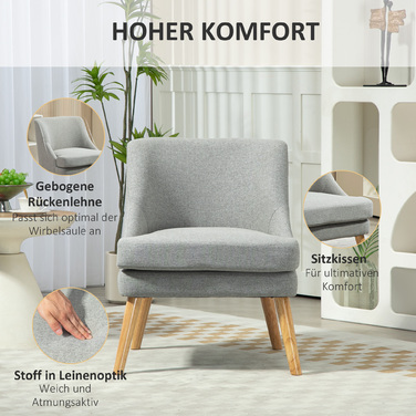 HOMCOM Armchair Lounge Chair with Linen Look, Armrests, Padded Recliner with Wooden Legs, for Living Room, Bedroom, Light Grey | Aosom