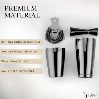 Boston Shaker Set - 4-Piece Cocktail Shaker Kit with 18/28 oz Boston Shaker Stainless Steel, Hawthorne Strainer, and Jigger, in a Stylish Gift Box - Ideal for Home Bar Use (Black).