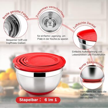 Homikit Mixing Bowls, 6-Piece Stainless Steel Bowl Salad Bowl Set with Airtight Lid & Silicone Bottom, Nesting, Dishwasher Safe, 4.6 L / 2.8 L / 2.5 L / 1.6 L / 1.2 L / 0.7 L, Red