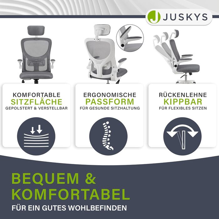 Офісний стілець Juskys Baltimore з роликами та підлокітниками - ергономічний, регульований по висоті - для кабінету, поворотний - сірий