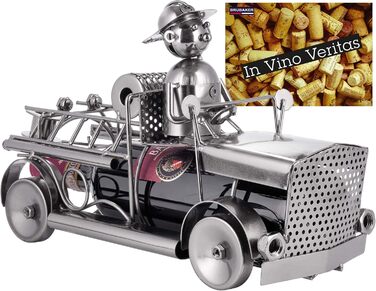 BRUBAKER Wine Bottle Holder Fire Department - Fire Truck Metal Sculpture Bottle Stand - 32 cm Metal Figure Wine Gift for Firefighters - with Greeting Card