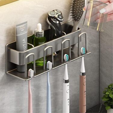 Electric Toothbrush Holder Wall Toothbrush Holder Adhesive Without Drilling for Bathroom, Space Aluminum, Hand Toothbrush, Toothpaste, Cup Storage (Gray)