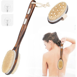 Набір з 2 шт. щітки для спини та душу з довгим руків'ям, для тіла, для пілінгу, натуральна щетина, видаляє омертвілу шкіру, зменшує целюліт, покращує лімфодренаж