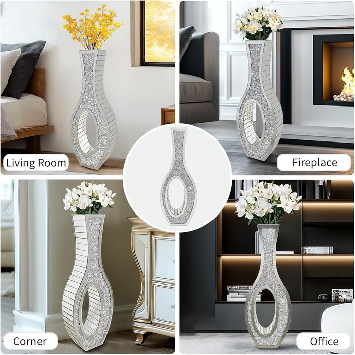 Ваза для квітів напольна 68 см, срібна ваза з кристалом для пампас трави, скляна ваза з дзеркальними діамантами, декоративна розкішна блискуча ваза для вітальні, декор інтер'єру – не для води (13L x 12.5B x 76.5H cm)