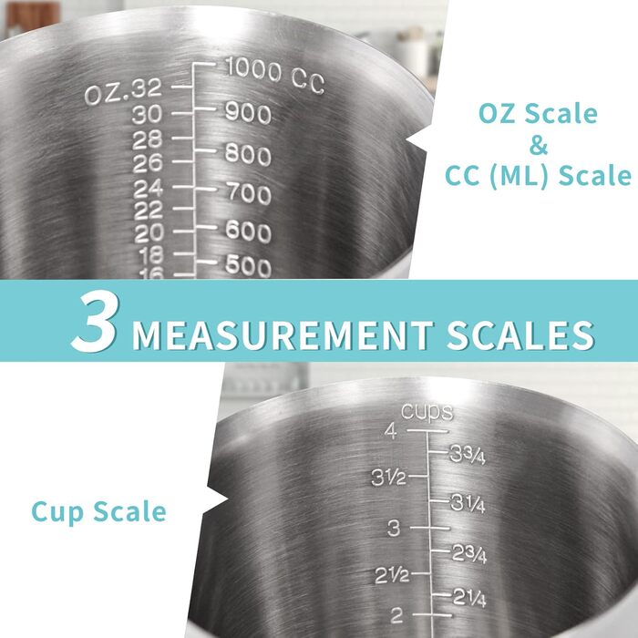 Newness Measuring Cup Stainless Steel, 1000 ML [3 Measuring Scales, including Cups, ML, OZ Scale] Milk Pitcher with Markings and Handle, Measuring Jug Milk Pitcher, Stainless Steel Measuring Cup 1l
