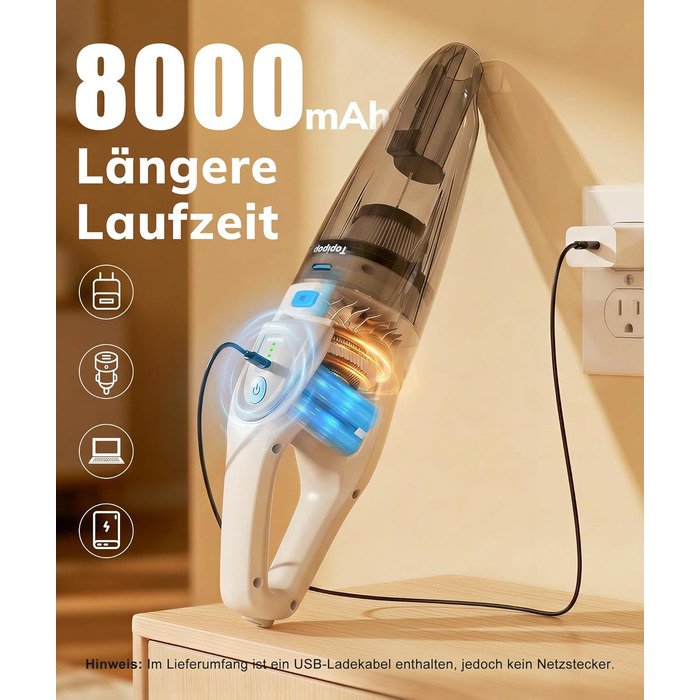 Акумуляторний пилосос Topipop Handstaubsauger 25000Pa з HEPA-фільтром для дому, авто, шерсті тварин (білий)