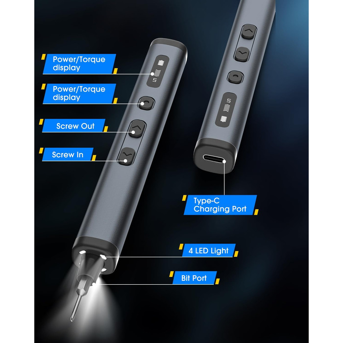 Набір мініатюрних електричних викруток 78 в 1 - прецизійний набір з магнітними Torx викрутками, LED дисплеєм та 5 рівнями крутного моменту для ноутбуків, окулярів, годинників, ПК
