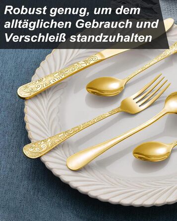 Набір столових приборів 24 предмети в золотистому вінтажному стилі для 6 осіб, нержавіюча сталь, з гравіюванням, високоякісне полірування