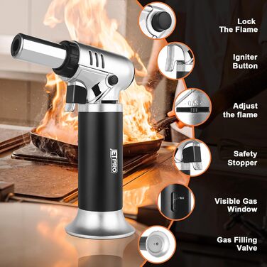 Газовий запальник Butan з регульованим полум'ям для кухні, випічки, барбекю, паяння, з віконцем рівня газу та блокуванням безпеки (срібний)