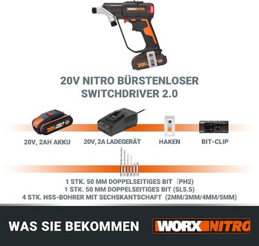WORX WX177 NITRO акумуляторний дриль-шуруповерт Switchdriver 2.0 20V – потужний безщітковий двигун, 50Nm крутний момент, швидка заміна біт, точне регулювання крутного моменту, в комплекті акумулятор та зарядний пристрій. NITRO версія