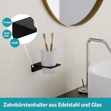 WEISSENSTEIN Toothbrush Holder without Drilling | Cup and Toothbrush Holder for Gluing to the Wall | Stainless Steel Holder and White Glass | in Matte Black