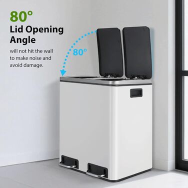 Відро для сміття LIFERUN з двома відсіками, 2 x 15 літрів, з металу, з м'яким закриттям кришки, знімний внутрішній відро, ручки, педальний відро, для квартири, невеликої сім'ї (білий)